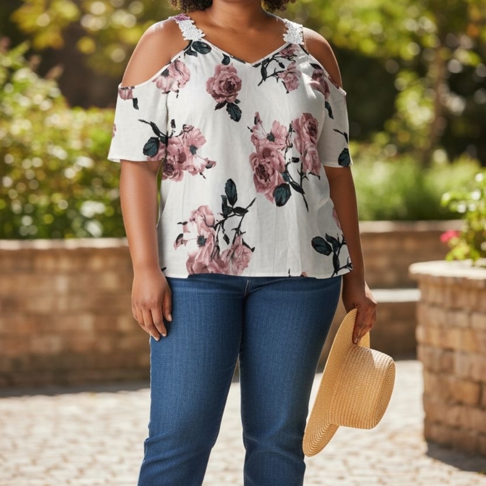 SHEIN Pink Floral Cold Shoulder Blouse